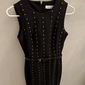 Calvin Klein black with gold studs' belted nylon/spandex sleeveless dress size 2